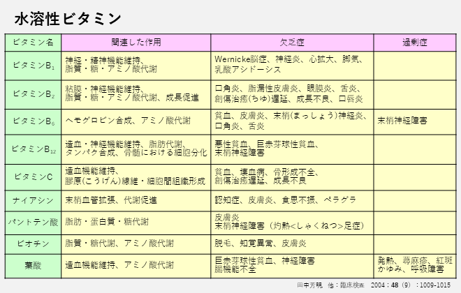 水溶性ビタミンの種類と作用・欠乏症・過剰症についての表