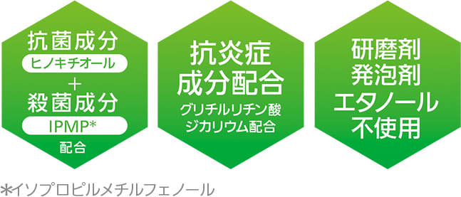 抗菌成分ヒノキチオール、殺菌成分IPMP、抗炎症成分グリチルリチン酸ジカリウムの解説。研磨剤・発泡剤・エタノールは不使用。