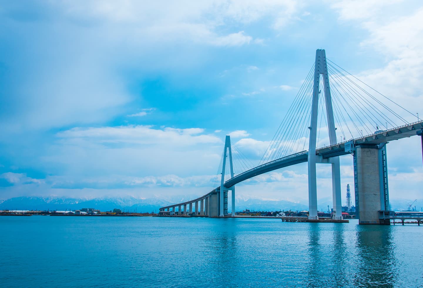 青空を背景に、海の上に架かる、白い主塔とケーブルが特徴的な斜張橋