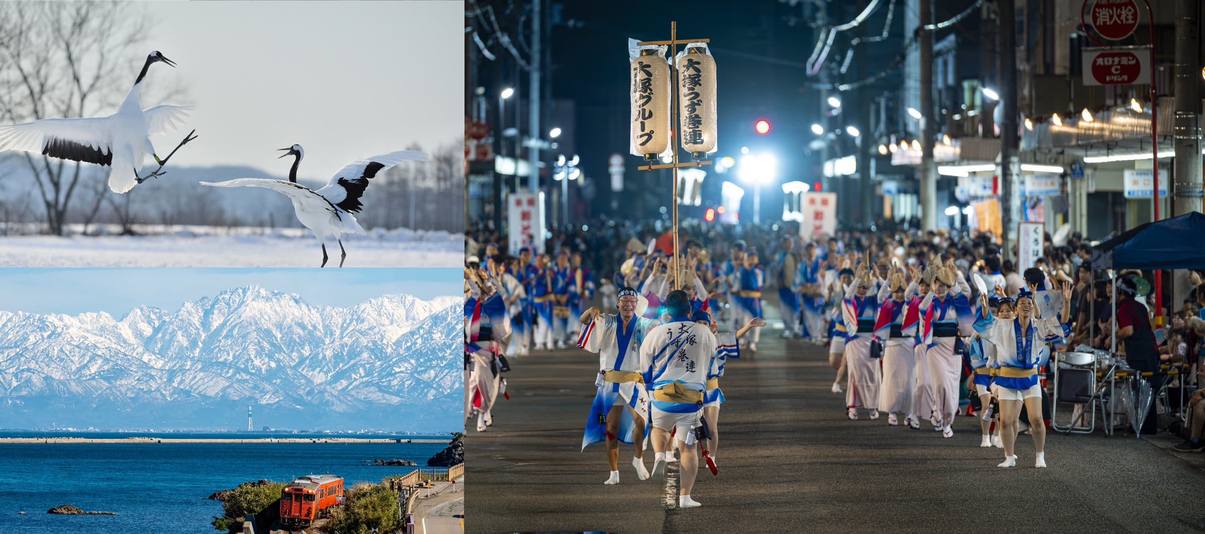 雪原で舞う2羽のタンチョウ、雪山を背景に走る赤い列車、夜の街を踊り歩く阿波踊りの祭りの様子を組み合わせたコラージュ画像