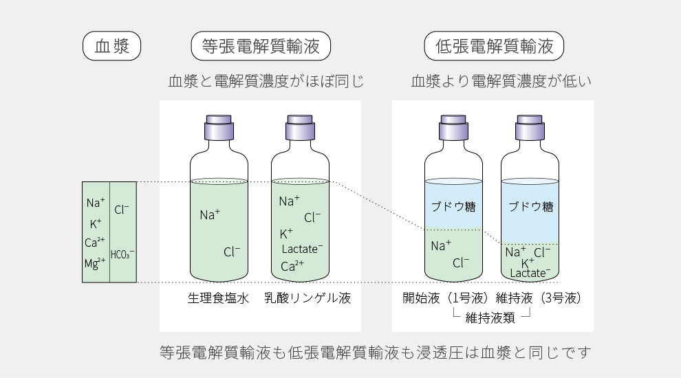 血漿、等張電解質輸液、低張電解質輸液の違いを示す図